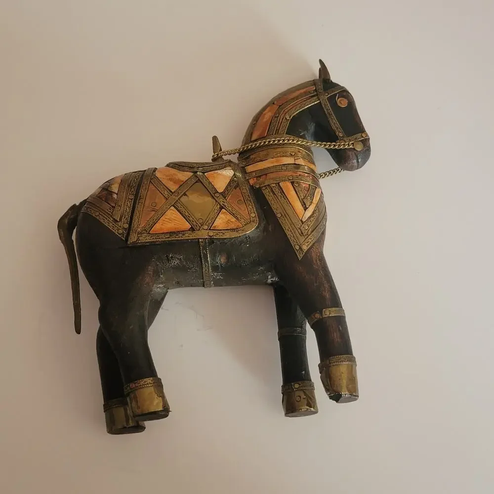 Vintage Carved Wood with Hammered Brass & Stone Inlay Armored War Horse Figure